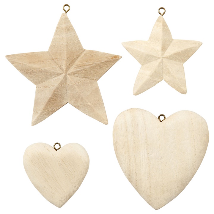 Drvene dekoracije - srca i zvijezde - 4 komada
